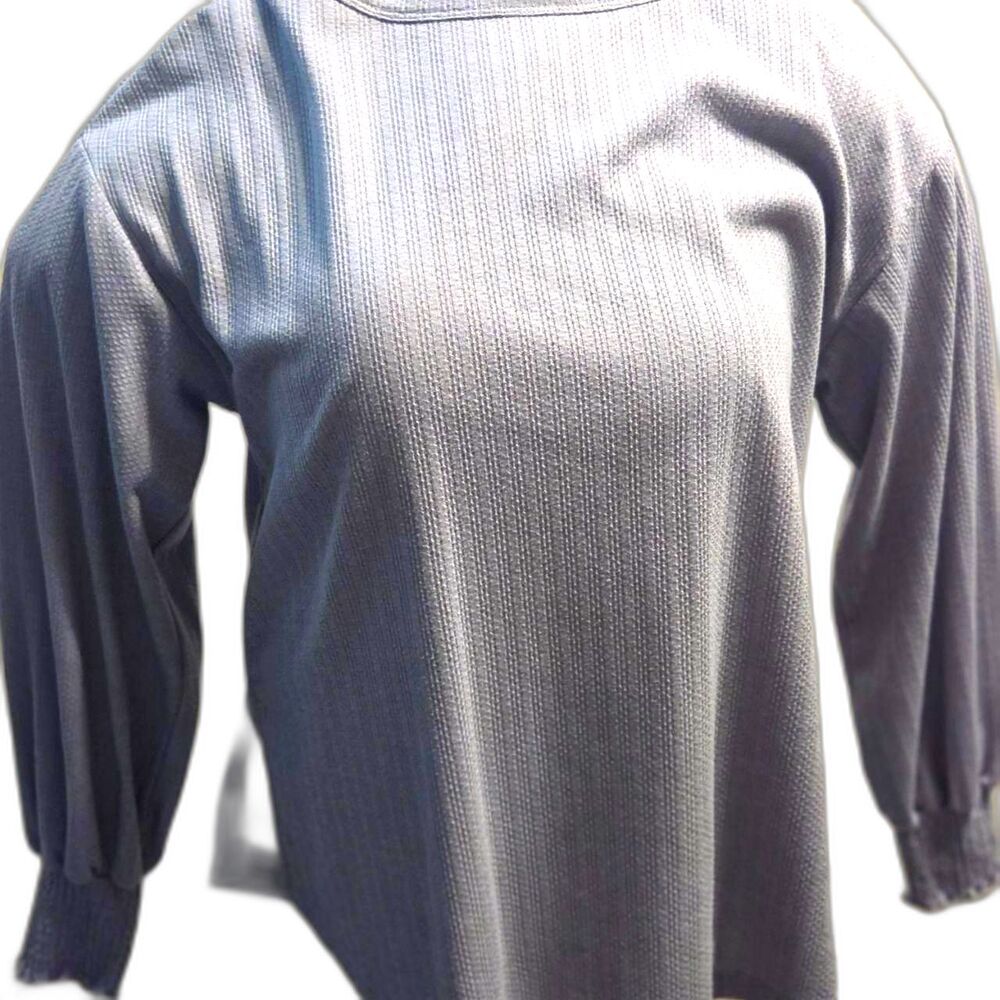 blue-grey waffle knit long-sleeve top